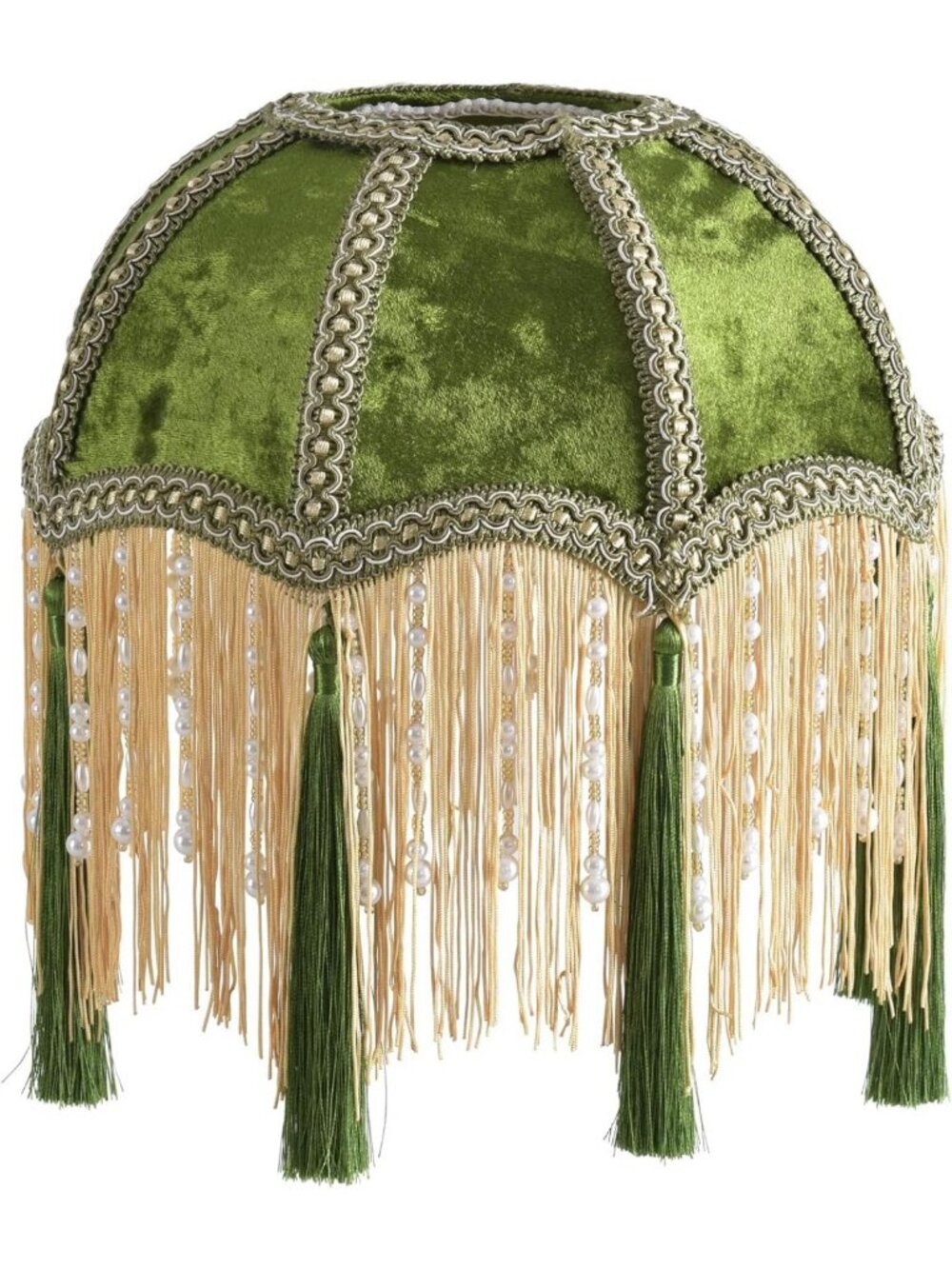 Victorian Style Bell Lampshade with Tassels, Velvet Top, Olive Green, 9.8” Width